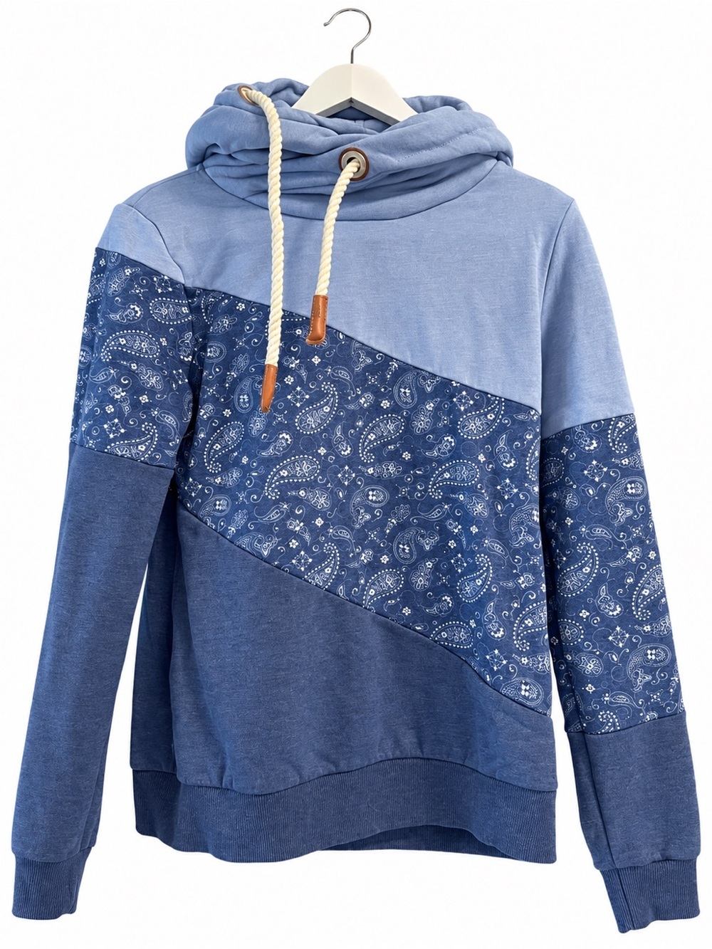 Women's Wanakome Blue Paisley Colourblock Cowl Neck Hoodie Size M